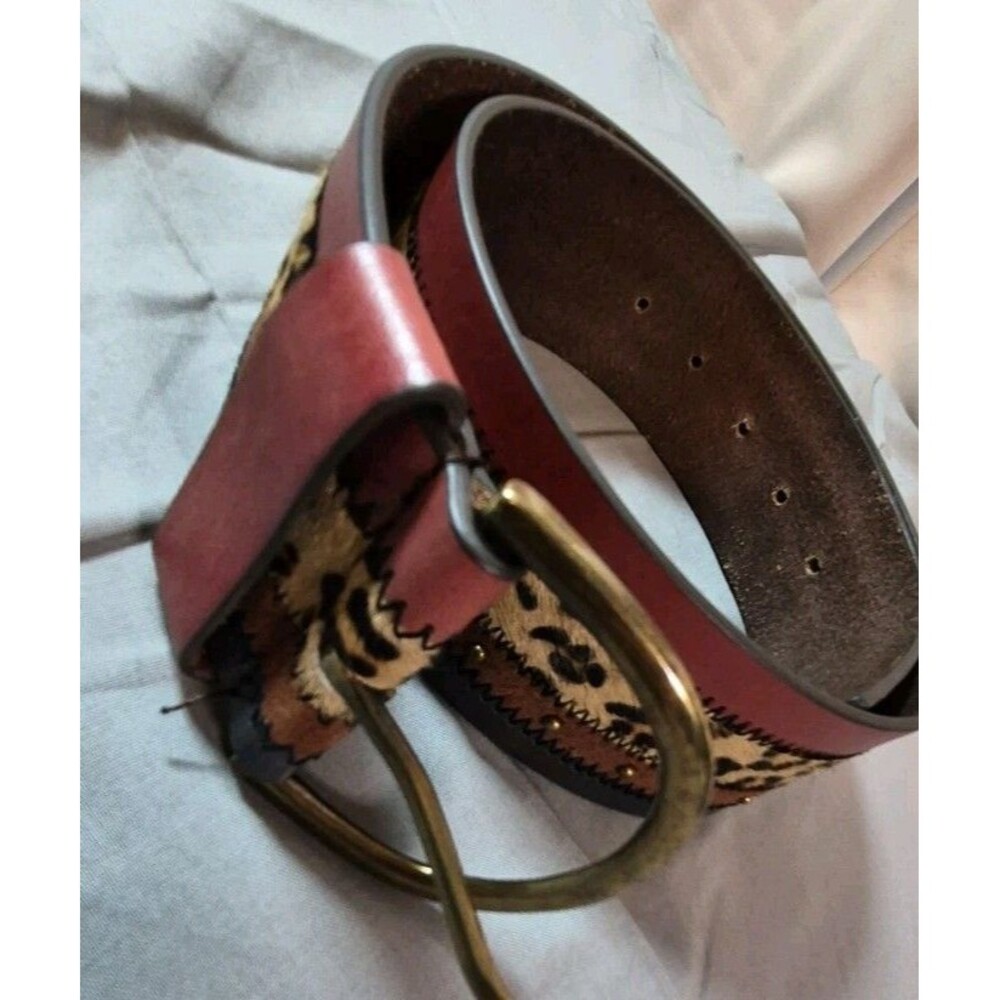 Linea Pelle Leather Mixed Media Panel Waist Belt Womens Size Medium Animal Print
